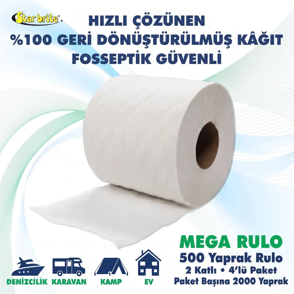 Starbrite® - Marin ve Karavan Tipi Tuvalet Kağıdı (4'lü Mega Paket): Hızla Çözünen, Tıkanma Yapmayan ve Suya Mukavim Ambalajlı Ekolojik Çözüm!