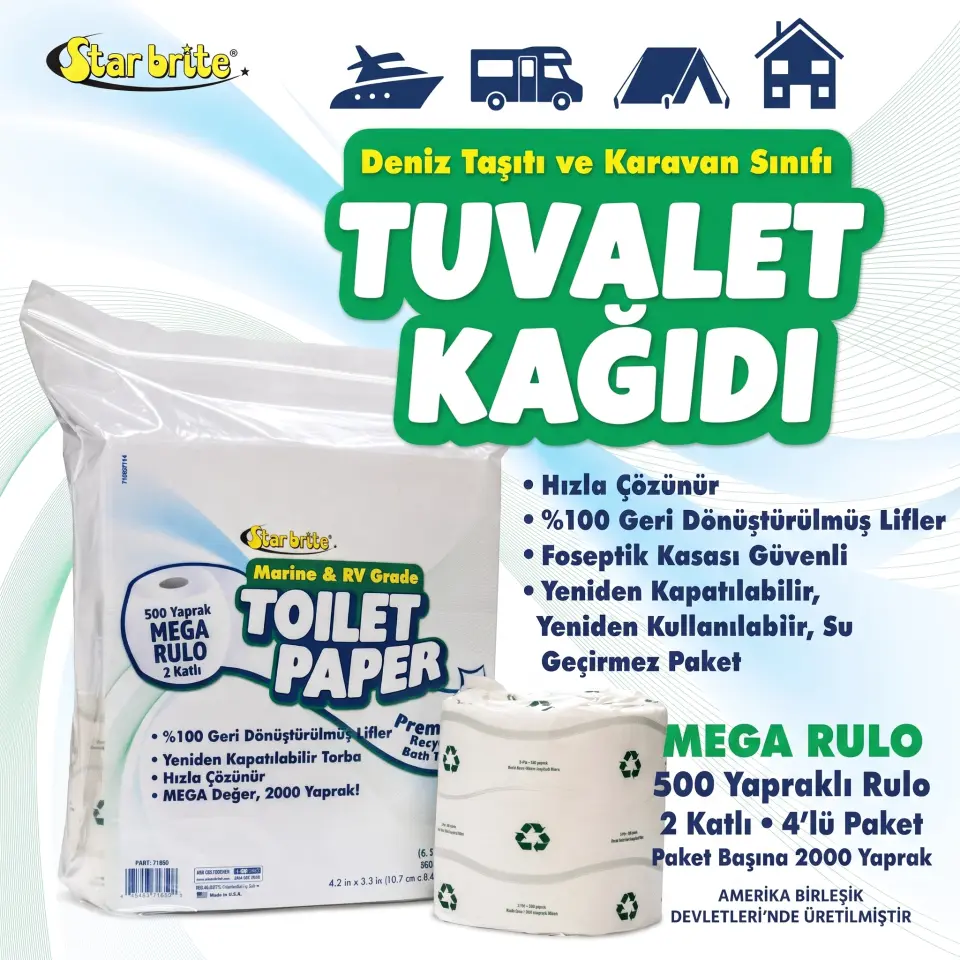 Starbrite® - Marin ve Karavan Tipi Tuvalet Kağıdı (4'lü Mega Paket): Hızla Çözünen, Tıkanma Yapmayan ve Suya Mukavim Ambalajlı Ekolojik Çözüm!