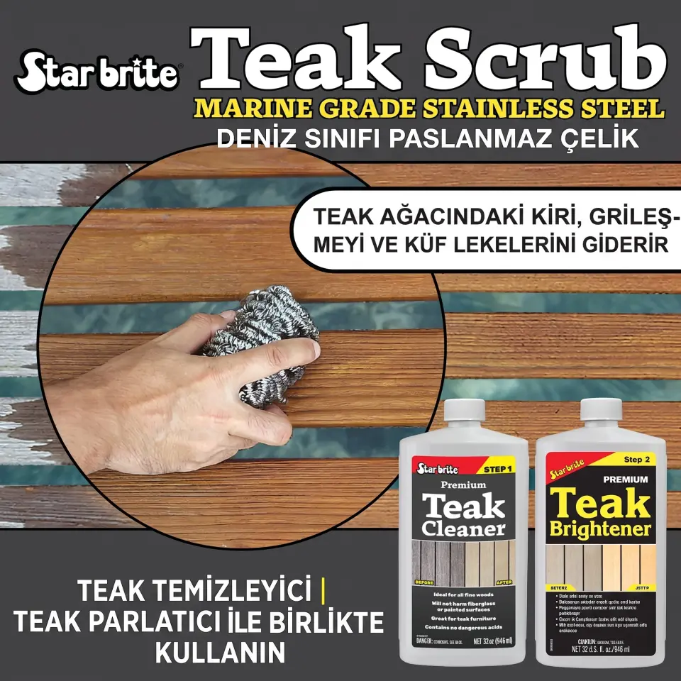 Starbrite® - Tik Ovma Teli ''Magic Scrub'' (Paslanmaz Çelik): Tik Ahşaplardaki İnatçı Kir ve Küflere Karşı Profesyonel Çözüm!