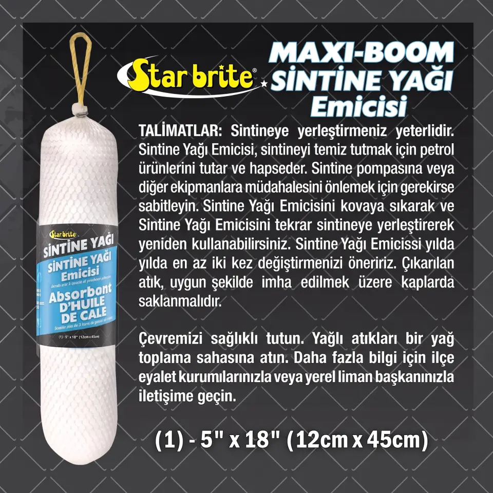 Starbrite® - Sintine Yağ Emici Sosis Maxi-Boom (10x38 cm): Sintinedeki Yağ ve Yakıta Kesin Çözüm, Suya Dokunmadan Maksimum Temizlik!