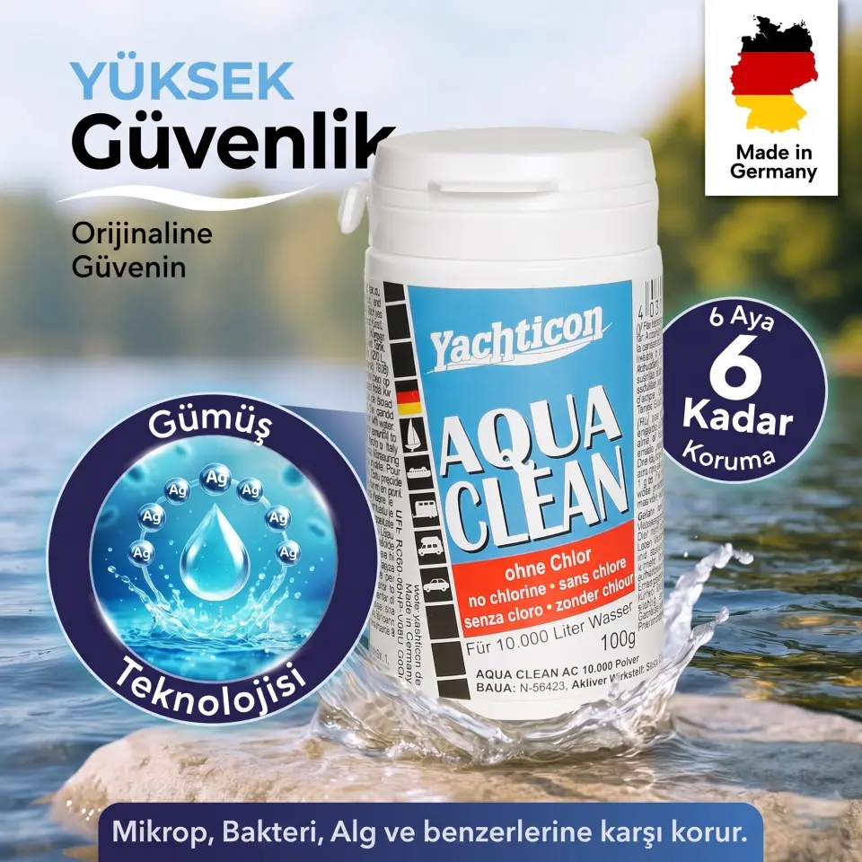 Yachticon - Aqua Clean Klor İçermez Toz (100gr): Güvenli Ve Taze İçme Suyu Sağlar.