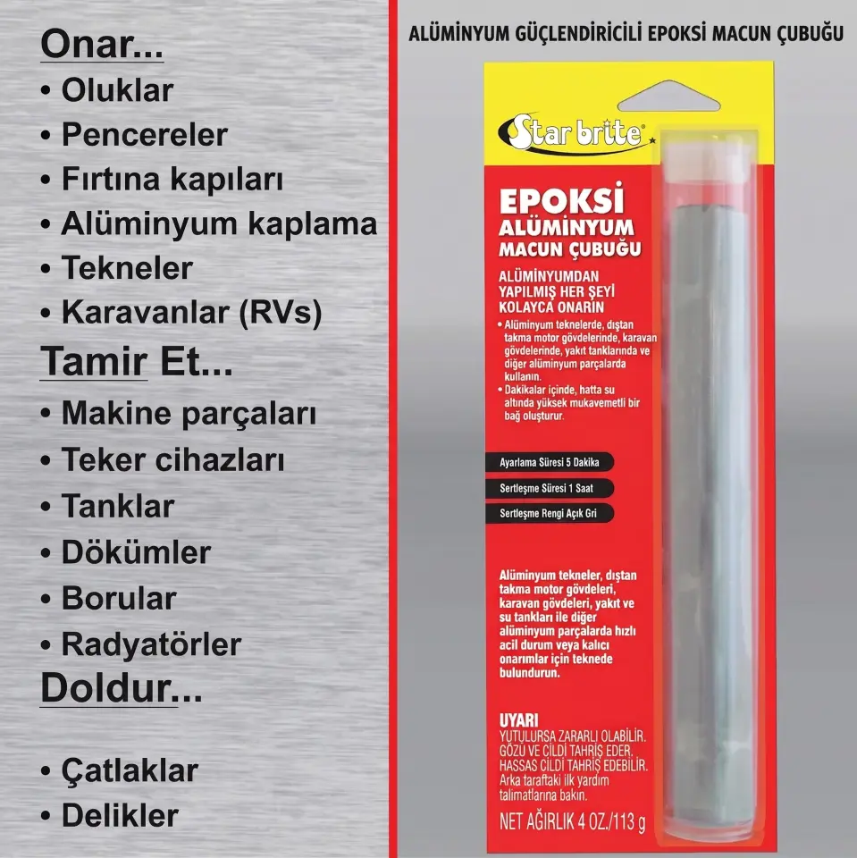Starbrite® - Epoksi Alüminyum Tamir Macunu (114 g): Alüminyum Yüzeyler İçin Su Altında Çalışan, Çelik Gibi Sağlam Acil Tamir Çözümü!