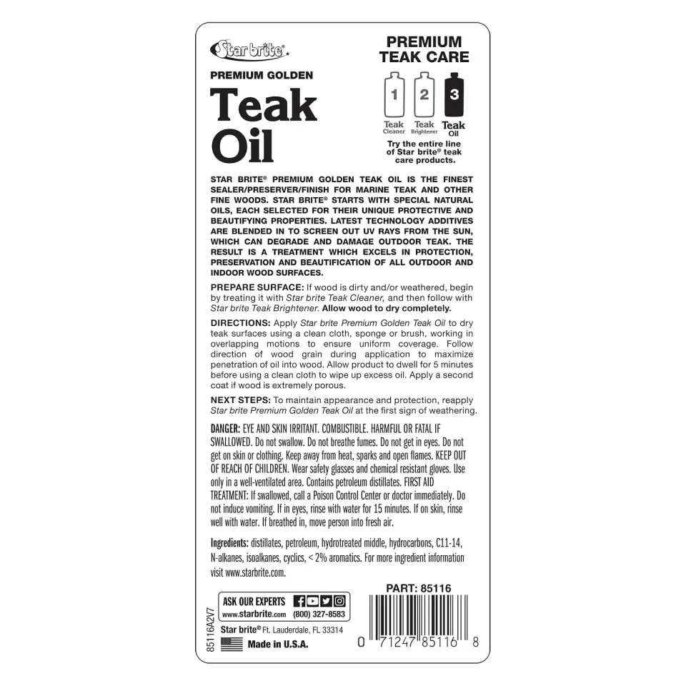 Starbrite® - Premium Altın Sarısı Tik Yağı - 3. Adım (473 ml): Standart Yağlardan 6 Kat Daha Dayanıklı, Tik Ahşaplarınız İçin Mükemmel Altın Parıltısı!