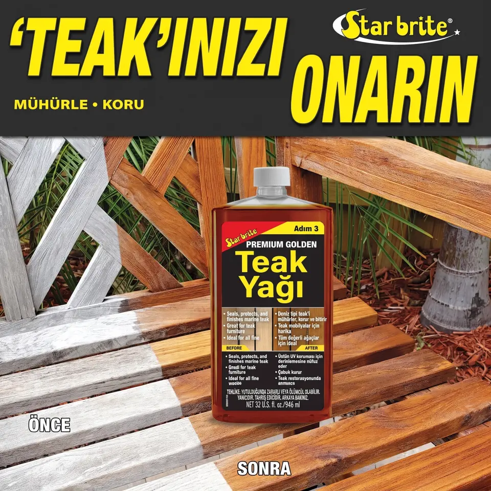 Starbrite® - Premium Altın Sarısı Tik Yağı - 3. Adım (946 ml): Standart Yağlardan 6 Kat Daha Dayanıklı, Tik Ahşaplarınız İçin Mükemmel Altın Parıltısı!