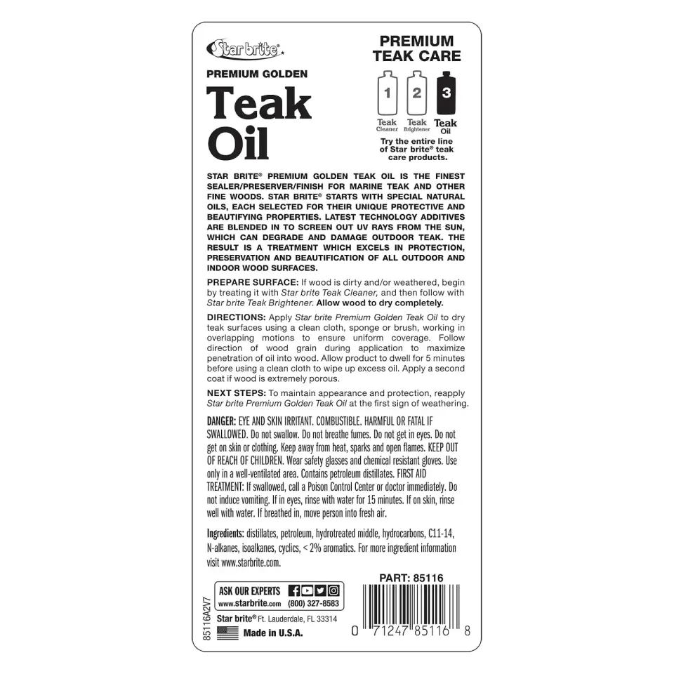 Starbrite® - Premium Altın Sarısı Tik Yağı - 3. Adım (946 ml): Standart Yağlardan 6 Kat Daha Dayanıklı, Tik Ahşaplarınız İçin Mükemmel Altın Parıltısı!