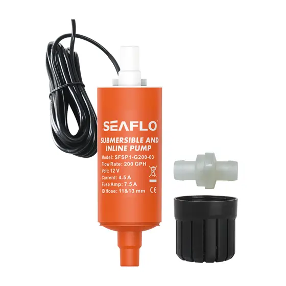SEAFLO Dalgıç ve Hat Üstü (Inline) Mini Su ve Yakıt Pompası Seaflo 200 GPH 12V 4.0A DC - Çap Ø: 38 mm Hortum Çıkışı Ø: 2/5'' (10 mm) ve 1/2'' (12 mm) - Isıya Dayanıklı ve Gıda Sınıfı Güvenli