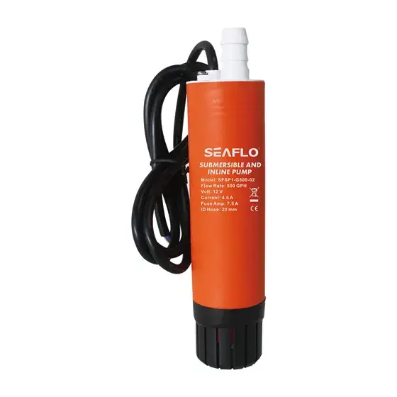 SEAFLO Dalgıç ve Hat Üstü (Inline) Mini Su ve Yakıt Pompası Seaflo 500 GPH 12V 7.5A DC - Çap Ø: 41 mm Hortum Çıkışı Ø: 3/4'' (19mm) - Isıya Dayanıklı ve Gıda Sınıfı Güvenli