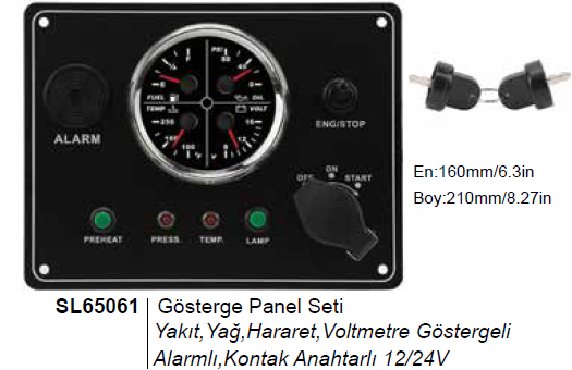Sealux - Gösterge Panel Seti Yakıt, Yağ, Hararet, Voltmetre Göstergeli Alarmlı, Kontak Anahtarlı 12/24V